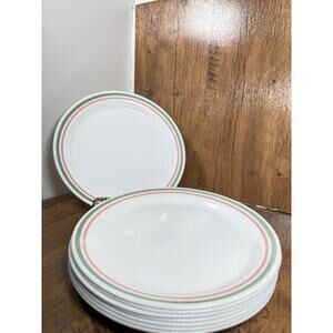 Set Of 8 Corelle Heather 8.5” Salad Luncheon Plates Green Pink Rings Bands